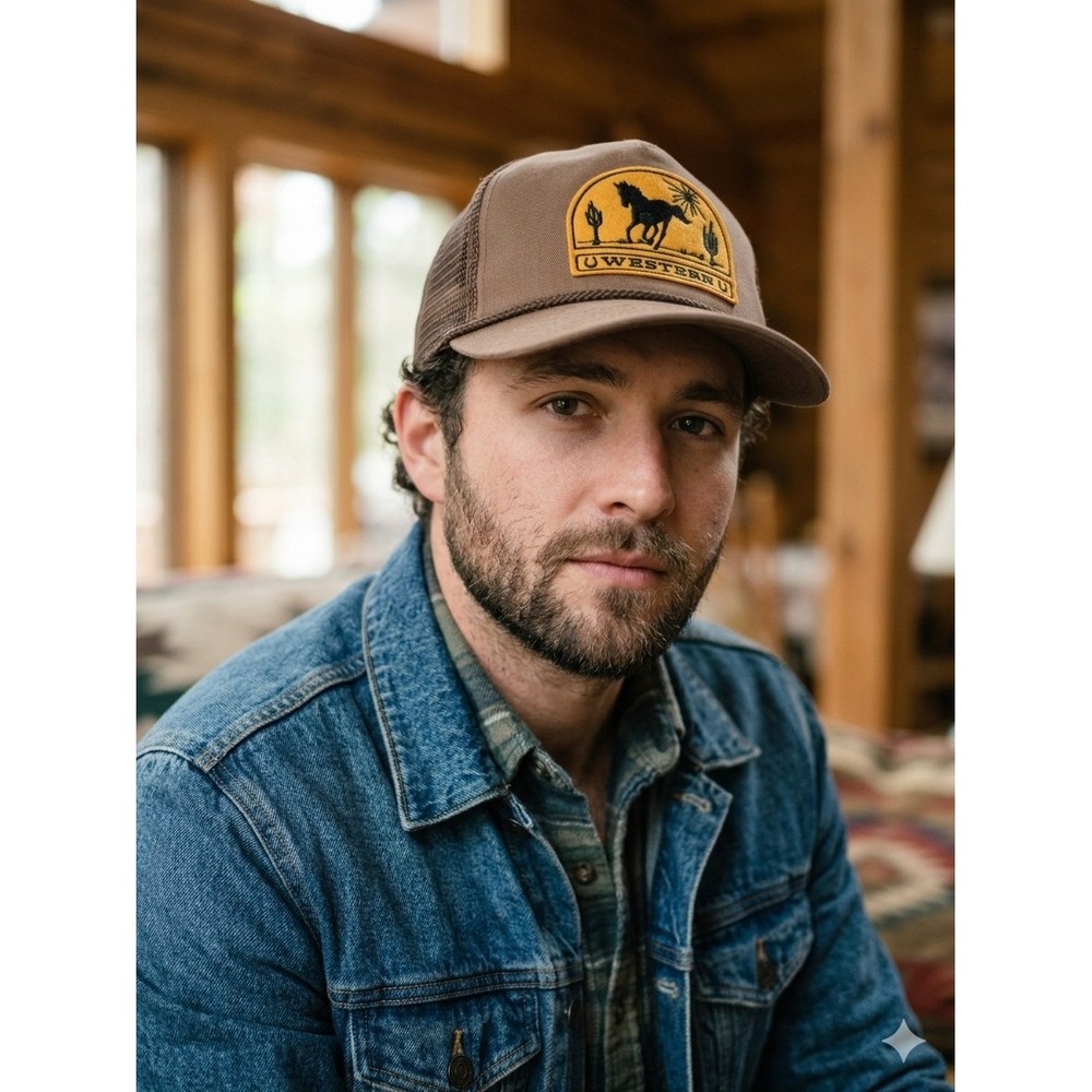 Mighty Fine One Size Brown Western Trucker Hat Horse Cactus Sun Patch Snapback